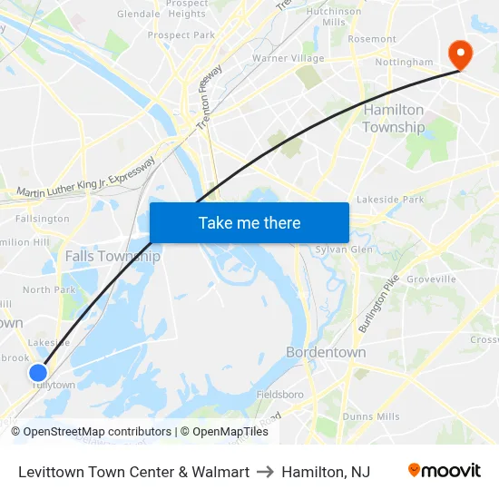 Levittown Town Center & Walmart to Hamilton, NJ map