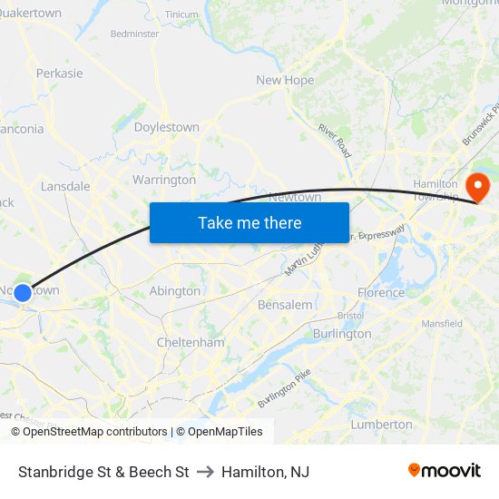 Stanbridge St & Beech St to Hamilton, NJ map