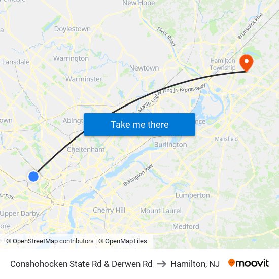 Conshohocken State Rd & Derwen Rd to Hamilton, NJ map