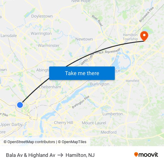 Bala Av & Highland Av to Hamilton, NJ map