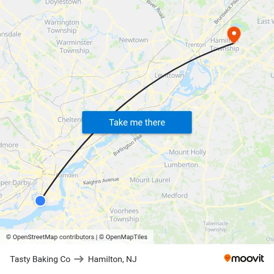 Tasty Baking Co to Hamilton, NJ map