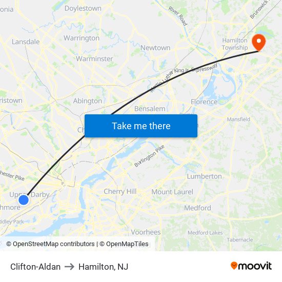 Clifton-Aldan to Hamilton, NJ map