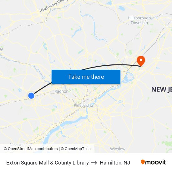 Exton Square Mall & County Library to Hamilton, NJ map