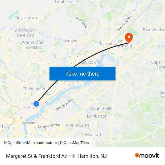 Margaret St & Frankford Av to Hamilton, NJ map