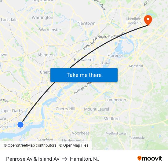 Penrose Av & Island Av to Hamilton, NJ map