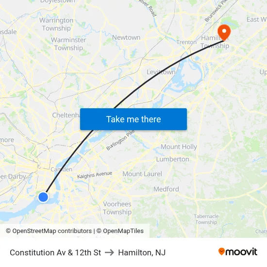 Constitution Av & 12th St to Hamilton, NJ map