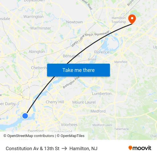 Constitution Av & 13th St to Hamilton, NJ map