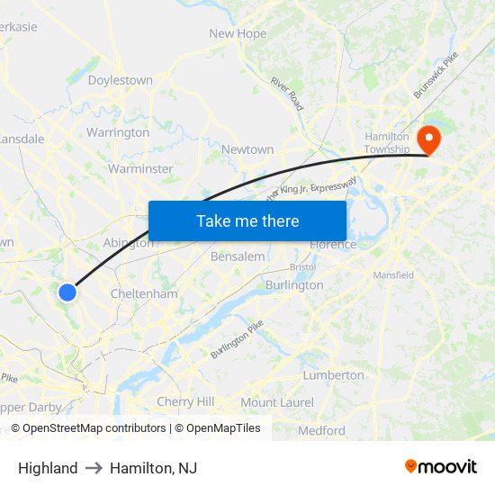 Highland to Hamilton, NJ map