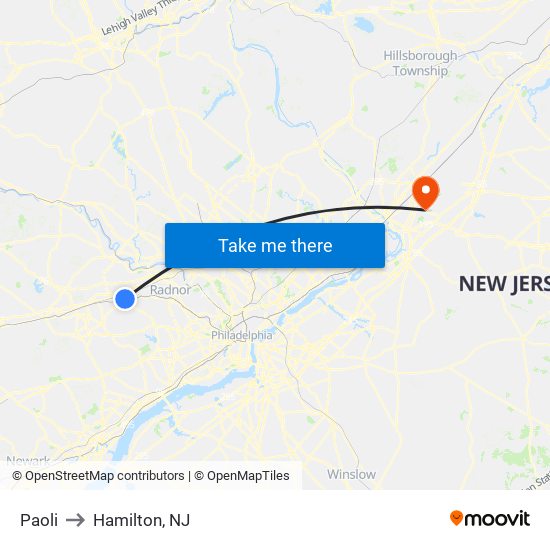 Paoli to Hamilton, NJ map