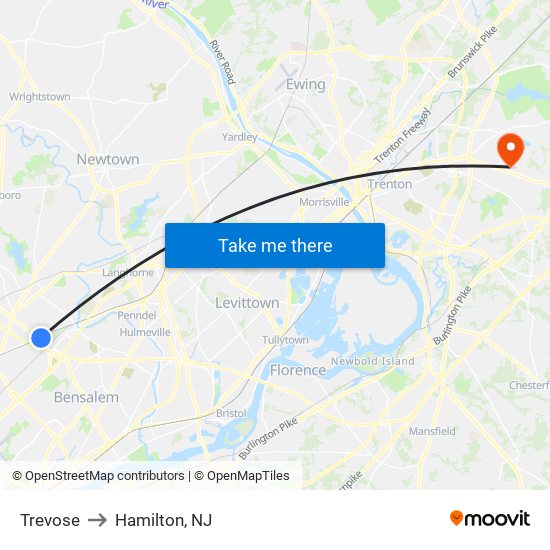 Trevose to Hamilton, NJ map