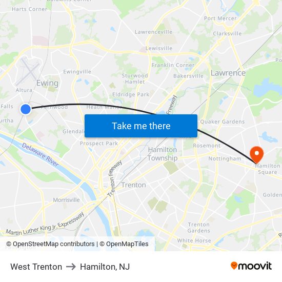 West Trenton to Hamilton, NJ map