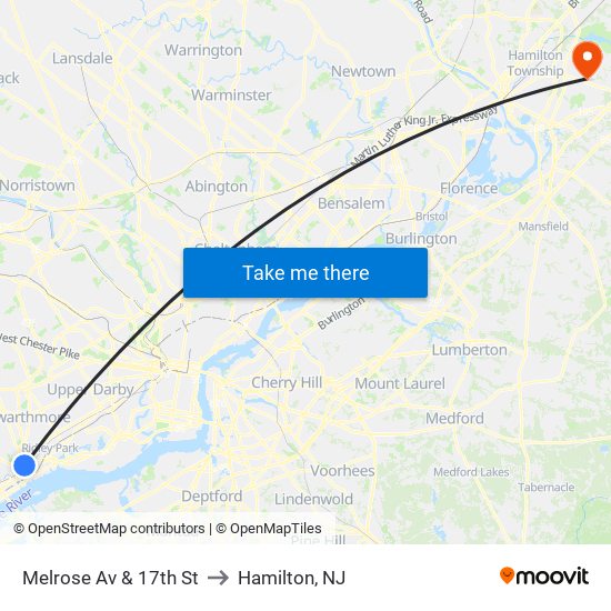 Melrose Av & 17th St to Hamilton, NJ map