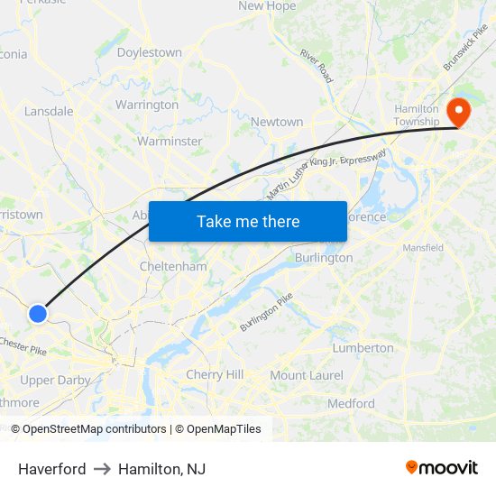Haverford to Hamilton, NJ map