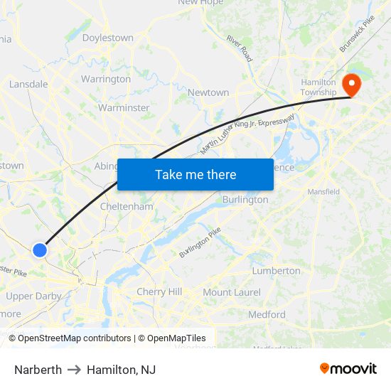 Narberth to Hamilton, NJ map