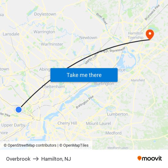 Overbrook to Hamilton, NJ map