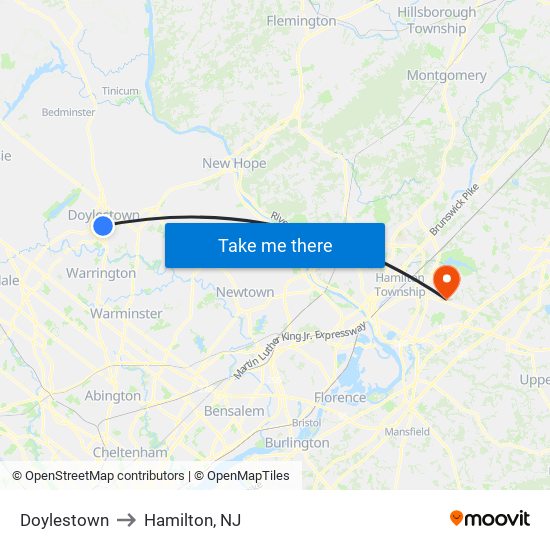 Doylestown to Hamilton, NJ map