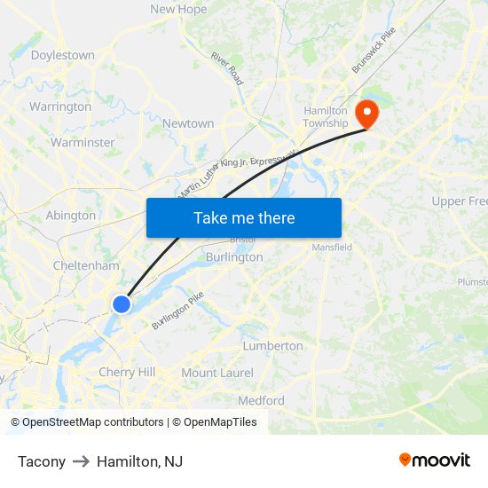 Tacony to Hamilton, NJ map