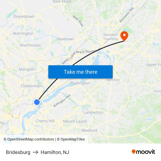 Bridesburg to Hamilton, NJ map