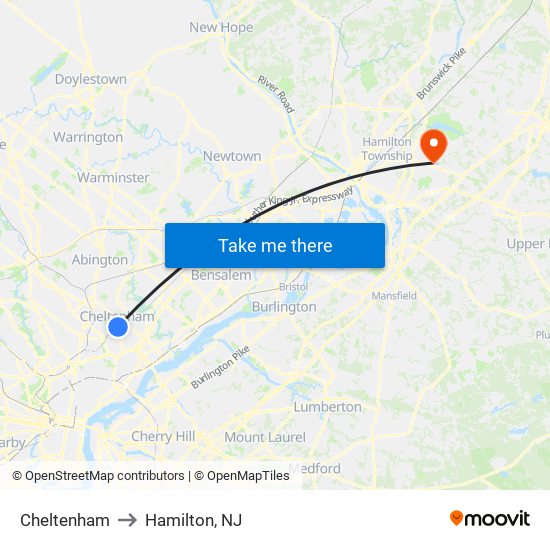 Cheltenham to Hamilton, NJ map