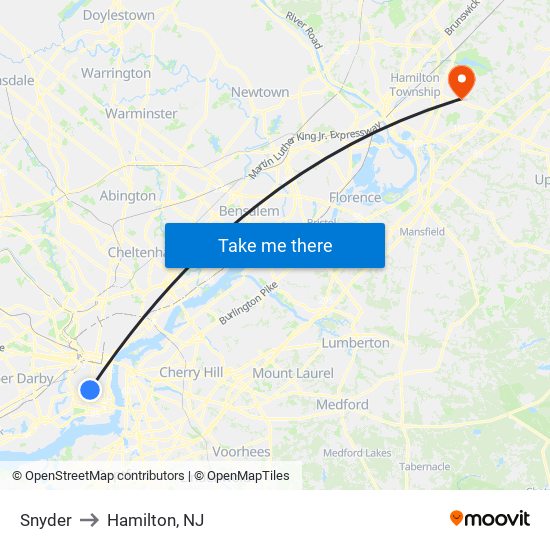 Snyder to Hamilton, NJ map