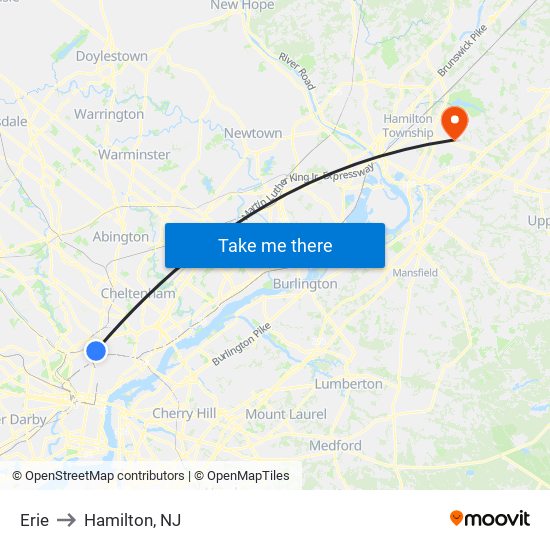 Erie to Hamilton, NJ map