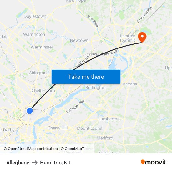 Allegheny to Hamilton, NJ map