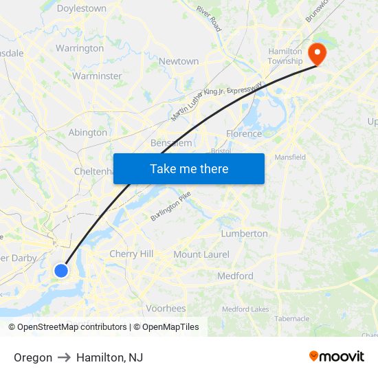 Oregon to Hamilton, NJ map