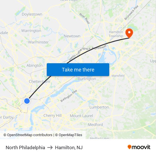 North Philadelphia to Hamilton, NJ map