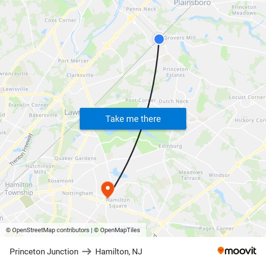 Princeton Junction to Hamilton, NJ map