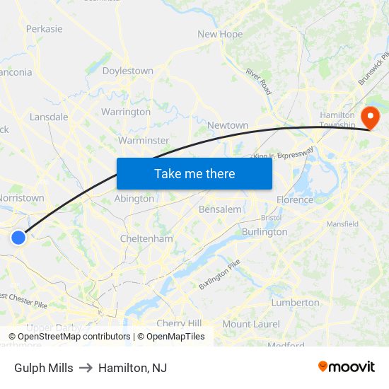 Gulph Mills to Hamilton, NJ map