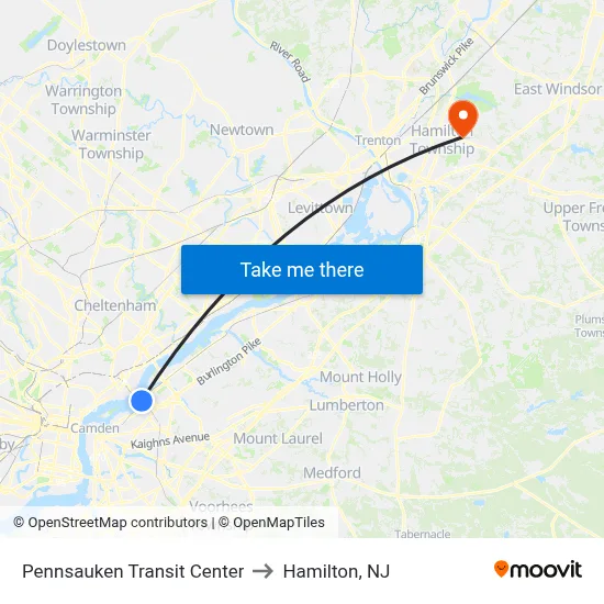 Pennsauken Transit Center to Hamilton, NJ map
