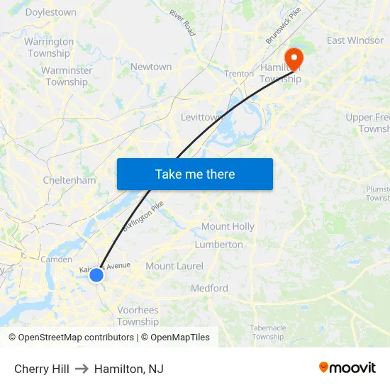 Cherry Hill to Hamilton, NJ map