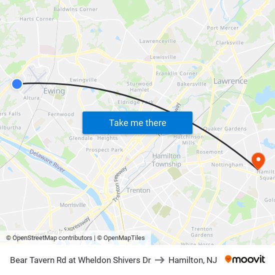Bear Tavern Rd at Wheldon Shivers Dr to Hamilton, NJ map