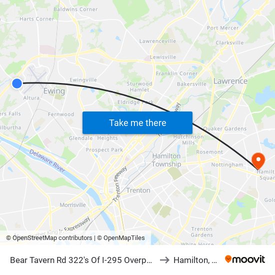 Bear Tavern Rd 322's Of I-295 Overpass to Hamilton, NJ map