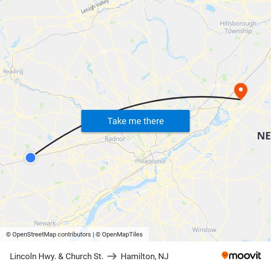 Lincoln Hwy. & Church St. to Hamilton, NJ map