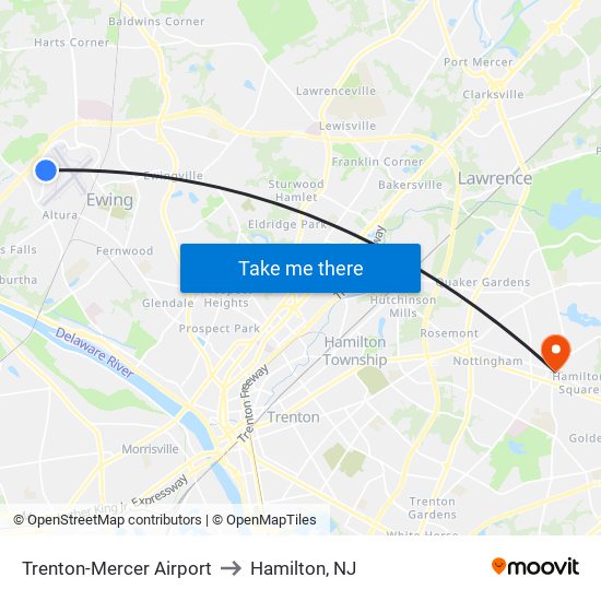 Trenton-Mercer Airport to Hamilton, NJ map