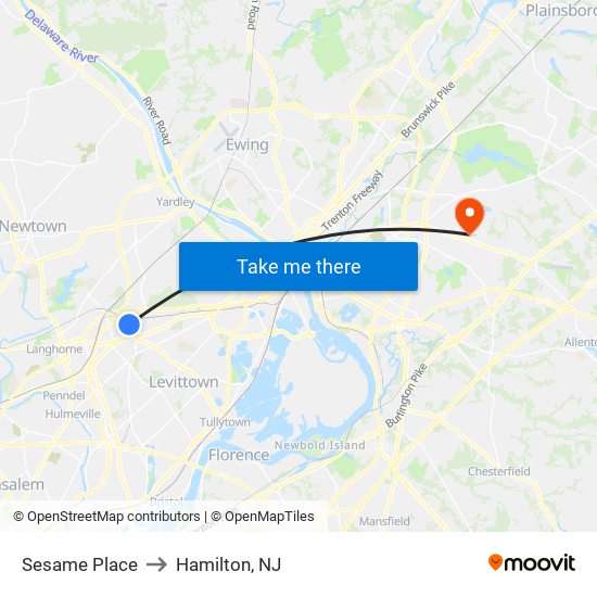 Sesame Place to Hamilton, NJ map