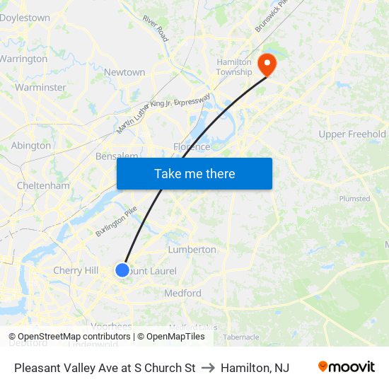 Pleasant Valley Ave at S Church St to Hamilton, NJ map