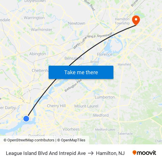 League Island Blvd And Intrepid Ave to Hamilton, NJ map