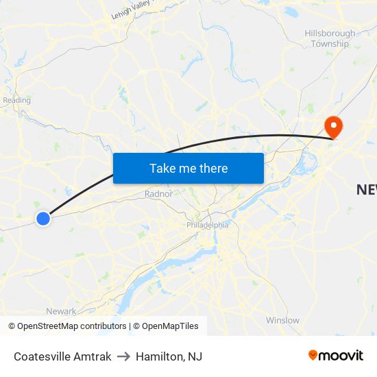 Coatesville Amtrak to Hamilton, NJ map