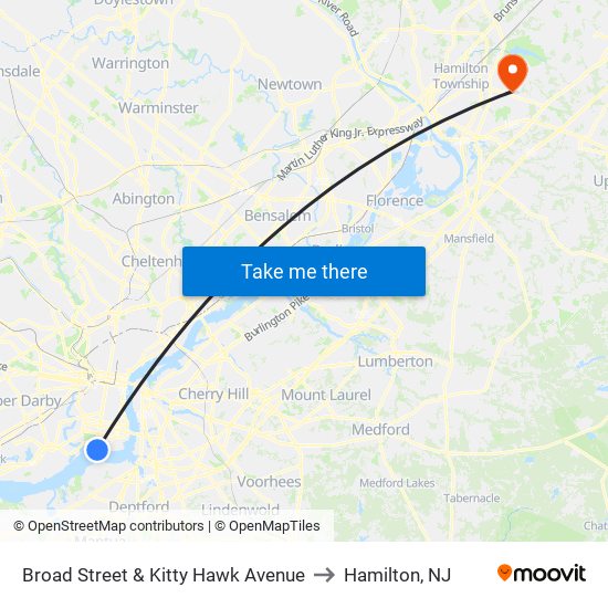 Broad Street & Kitty Hawk Avenue to Hamilton, NJ map