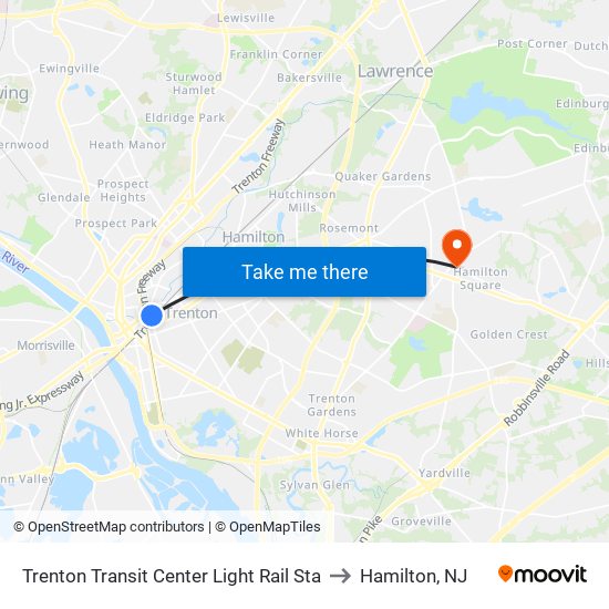 Trenton Transit Center Light Rail Sta to Hamilton, NJ map