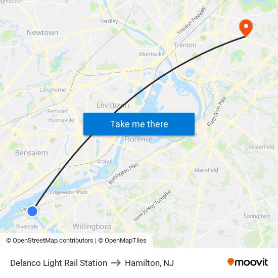 Delanco Light Rail Station to Hamilton, NJ map