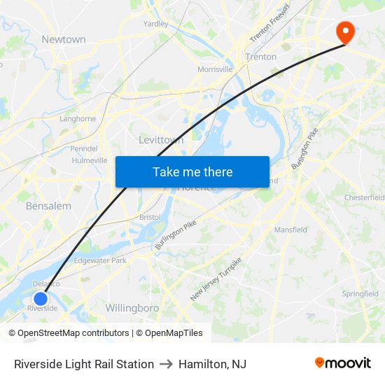 Riverside Light Rail Station to Hamilton, NJ map