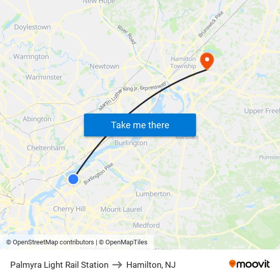 Palmyra Light Rail Station to Hamilton, NJ map
