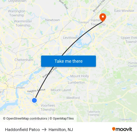 Haddonfield Patco to Hamilton, NJ map