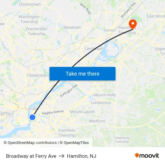 Broadway at Ferry Ave to Hamilton, NJ map