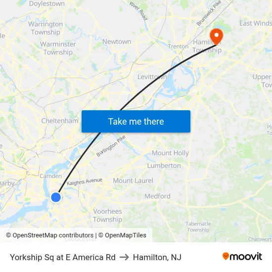 Yorkship Sq at E America Rd to Hamilton, NJ map