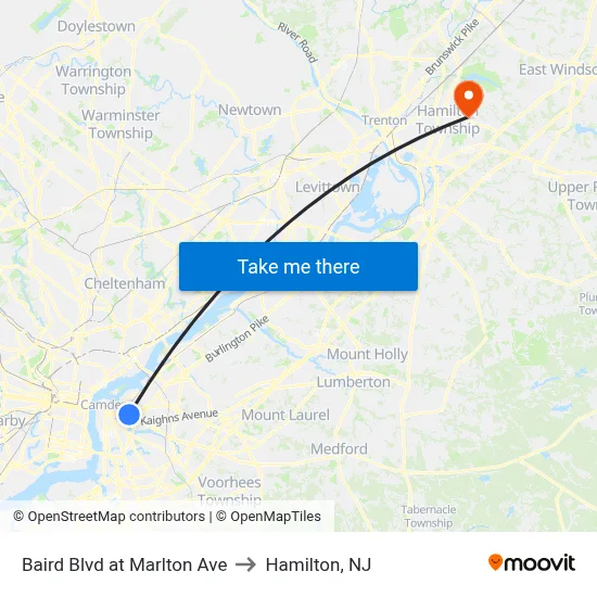 Baird Blvd at Marlton Ave to Hamilton, NJ map