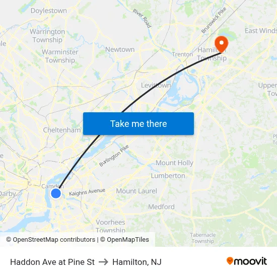 Haddon Ave at Pine St to Hamilton, NJ map